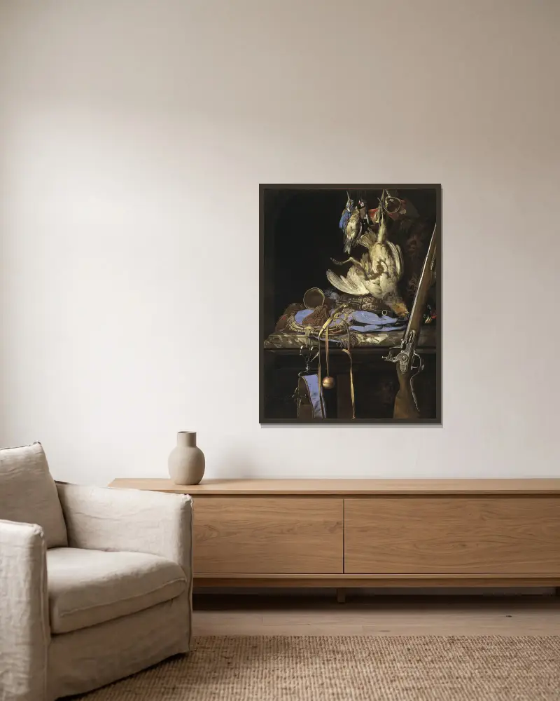 Still Life with Hunting Gear av Willem van Aelst inramad på en vägg