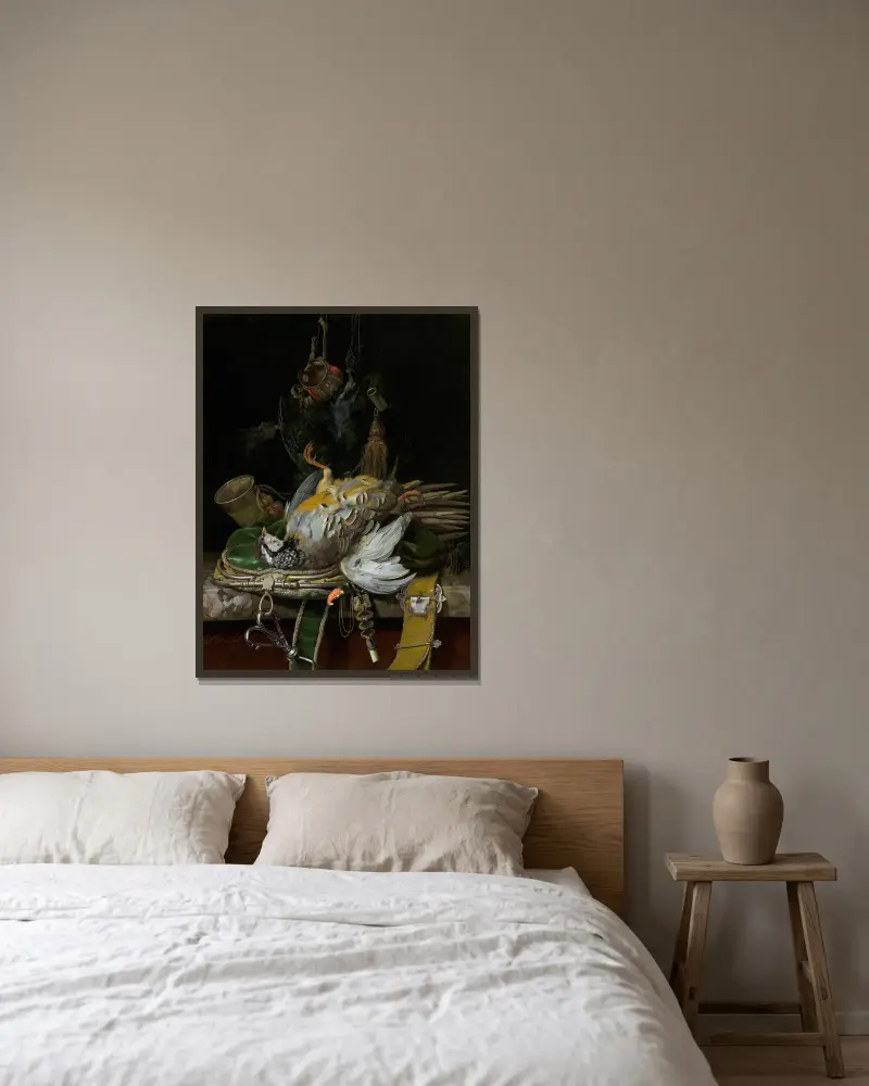 Stillleben mit Rebhühnern von Willem van Aelst gerahmt an einer Wand
