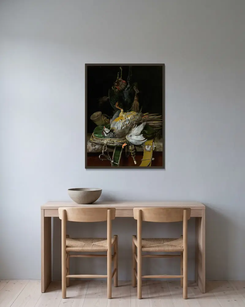 Stillleben mit Rebhühnern von Willem van Aelst gerahmt an einer Wand