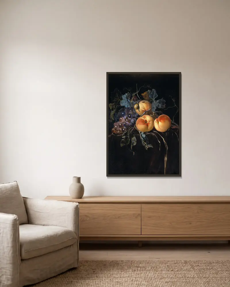 Still Life with Peaches and Grapes av Willem van Aelst inramad på en vägg