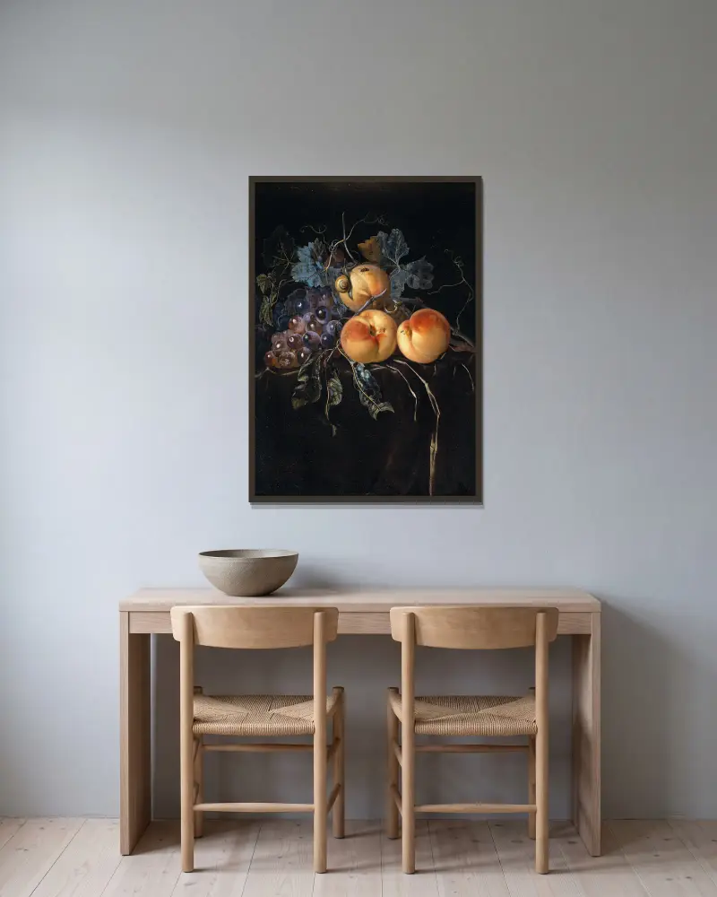 Still Life with Peaches and Grapes av Willem van Aelst inramad på en vägg