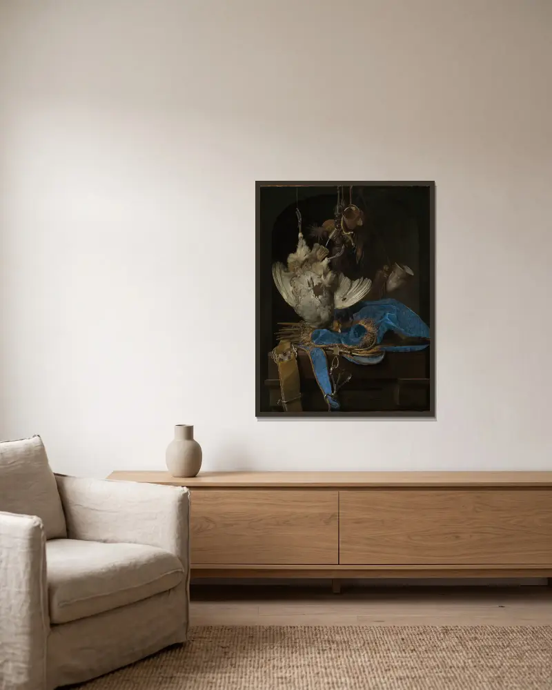 Stilleben med jaktredskap och död rapphöna av Willem van Aelst inramad på en vägg