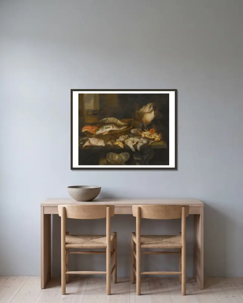 A Still Life With Salmon, Plaice, A Crab And Other Fish Arranged On A Table, A View Of The Sea Beyond av Abraham van Beyeren inramad på en vägg