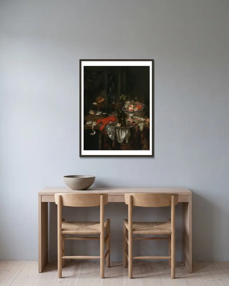 Banquet Still Life av Abraham van Beyeren inramad på en vägg