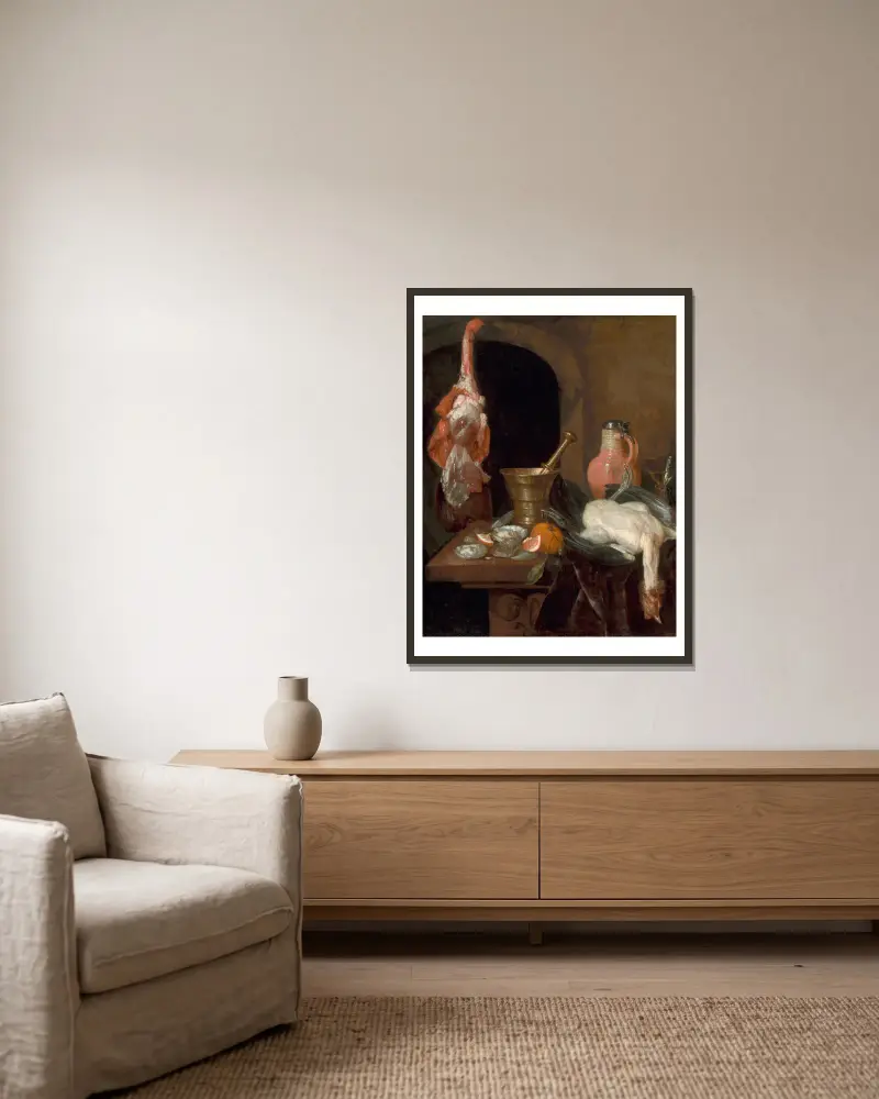 Vorbereitungen für eine Mahlzeit von Abraham van Beyeren gerahmt an einer Wand
