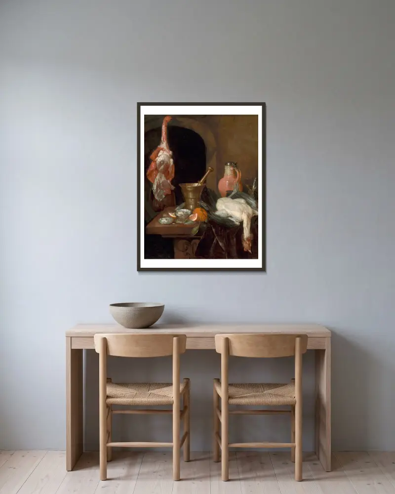 Vorbereitungen für eine Mahlzeit von Abraham van Beyeren gerahmt an einer Wand