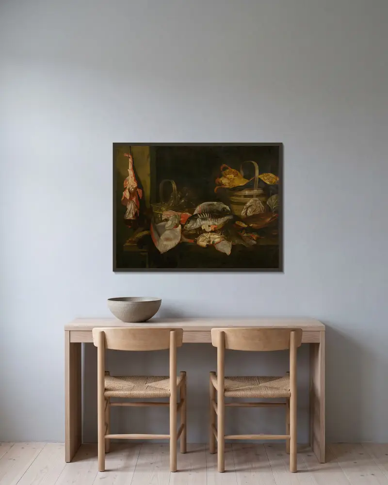 Stillleben mit Fisch, 1660 von Abraham van Beyeren gerahmt an einer Wand