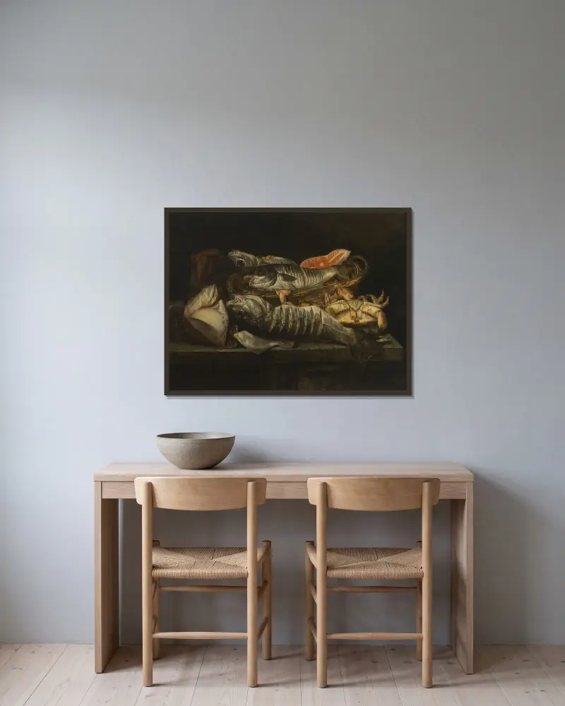Still Life with Fish and Crustaceans on a Table av Abraham van Beyeren inramad på en vägg