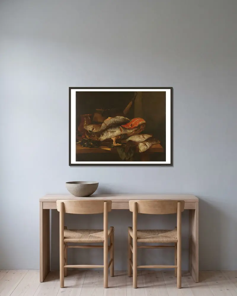 Stillleben mit Fischen, 1650 von Abraham van Beyeren gerahmt an einer Wand