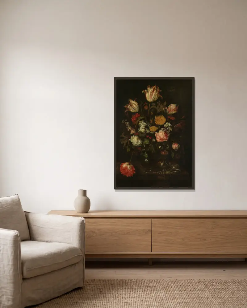 Still Life with Flowers av Abraham van Beyeren inramad på en vägg
