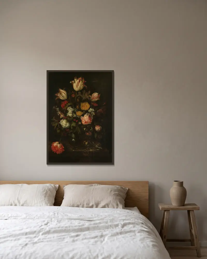 Still Life with Flowers av Abraham van Beyeren inramad på en vägg