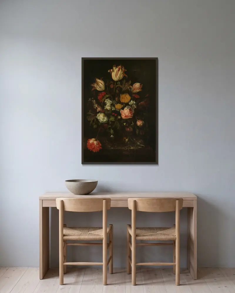 Still Life with Flowers av Abraham van Beyeren inramad på en vägg