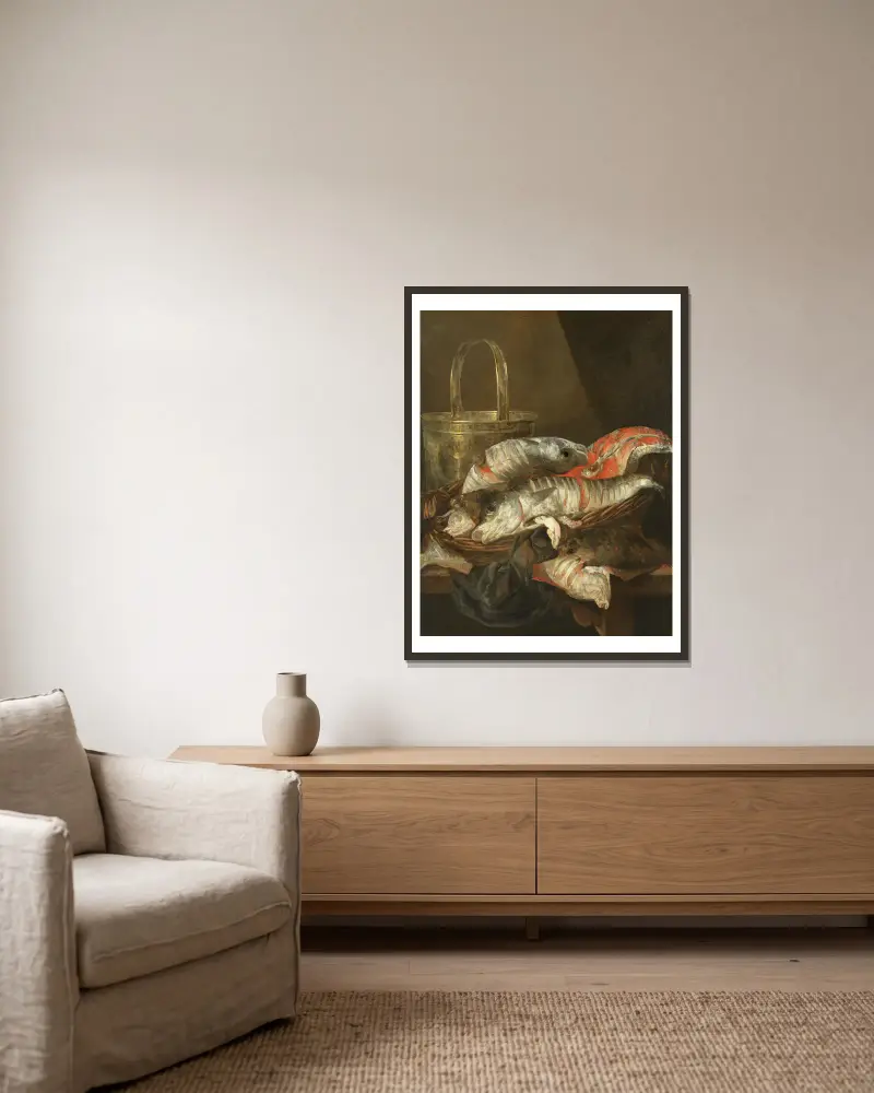 Still Life with Haddocks and Plaice av Abraham van Beyeren inramad på en vägg