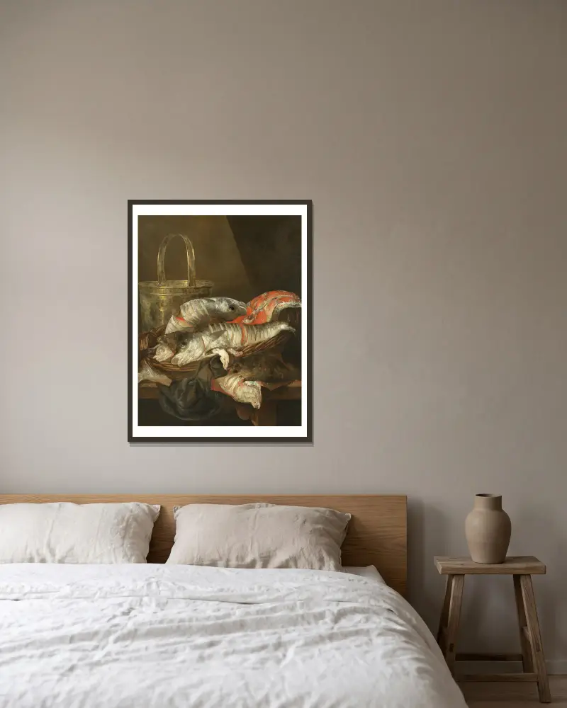 Still Life with Haddocks and Plaice av Abraham van Beyeren inramad på en vägg