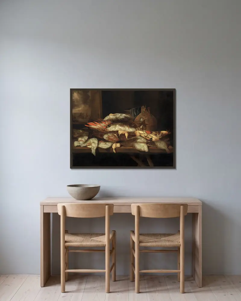 Still Life with Halibut and other Fish av Abraham van Beyeren inramad på en vägg
