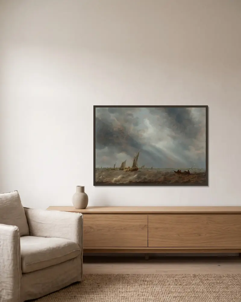 Various sailing vessels and a rowing boat with fishermen on choppy waters under a stormy sky av Abraham van Beyeren inramad på en vägg