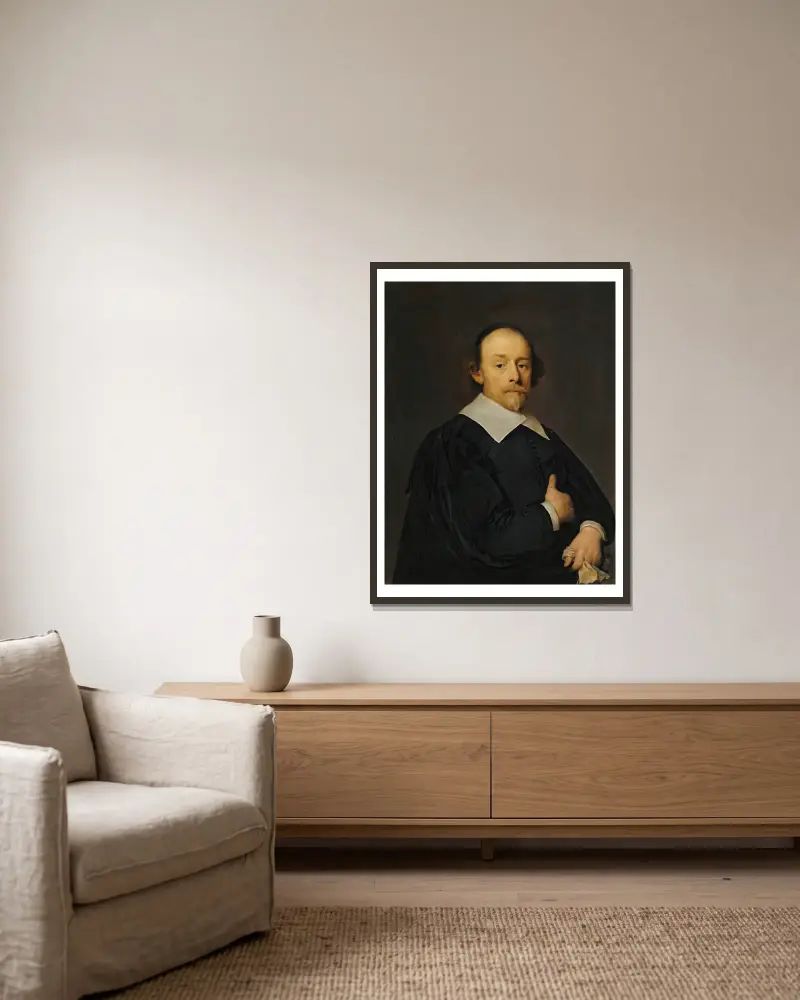 A Portrait Of A Man In Black av Cornelis Jonson van Ceulen inramad på en vägg