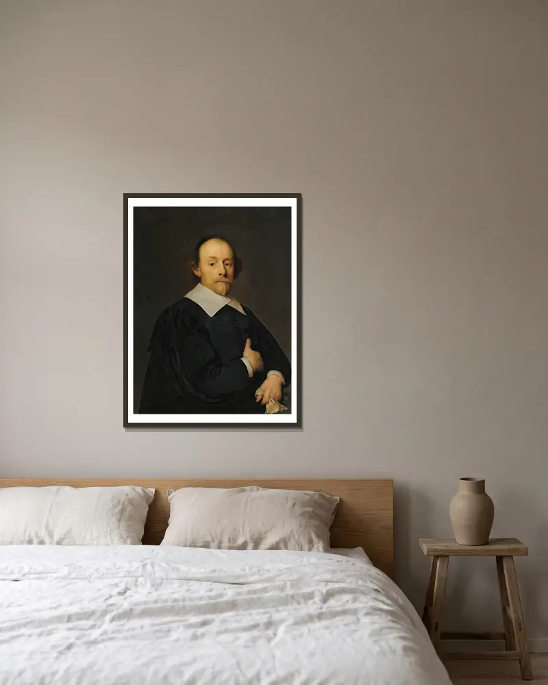 A Portrait Of A Man In Black av Cornelis Jonson van Ceulen inramad på en vägg
