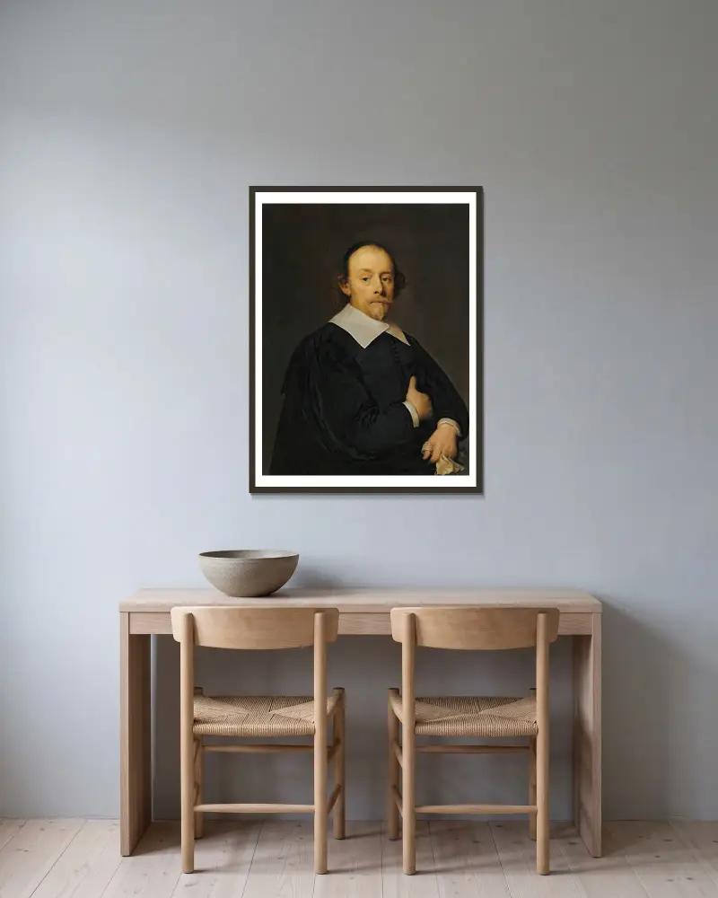 A Portrait Of A Man In Black av Cornelis Jonson van Ceulen inramad på en vägg