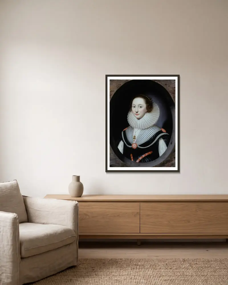 Portrait d’une femme portant une fraise et une robe noire av Cornelis Jonson van Ceulen inramad på en vägg