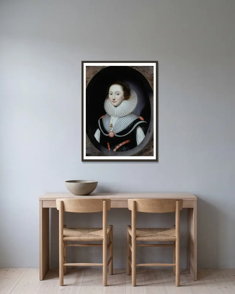 Portrait d’une femme portant une fraise et une robe noire av Cornelis Jonson van Ceulen inramad på en vägg