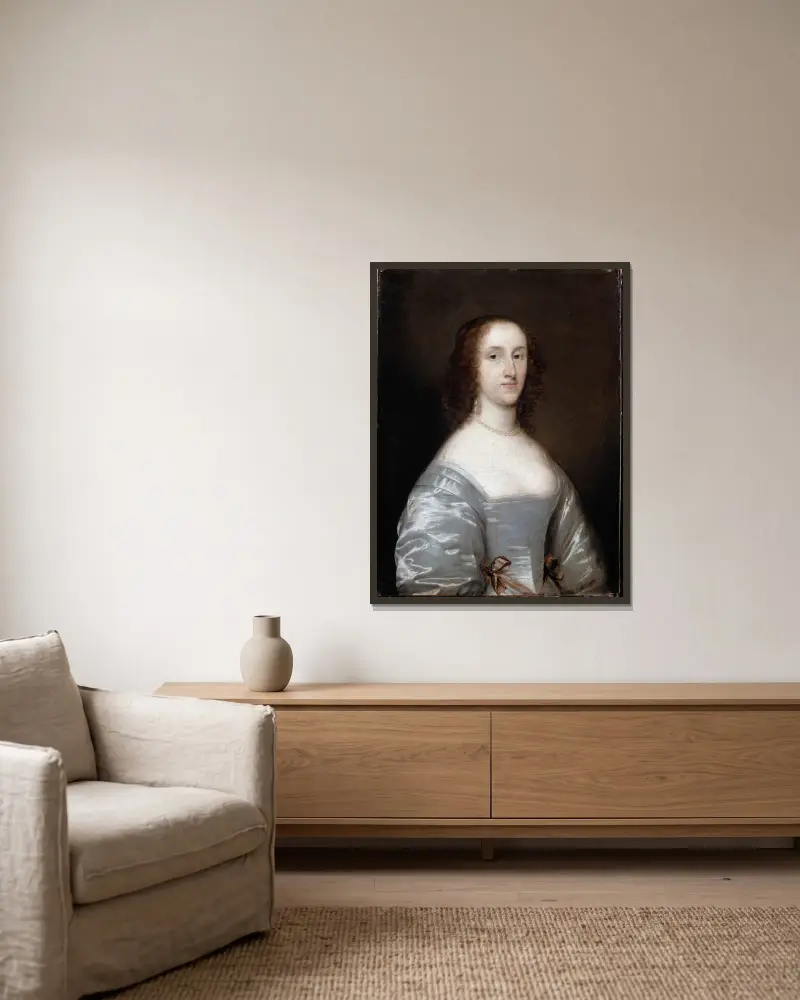 Portrait of a Lady in White av Cornelis Jonson van Ceulen inramad på en vägg