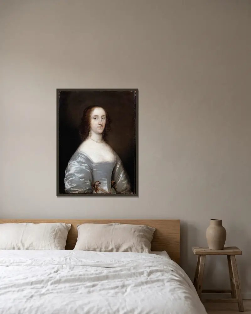 Portrait of a Lady in White av Cornelis Jonson van Ceulen inramad på en vägg