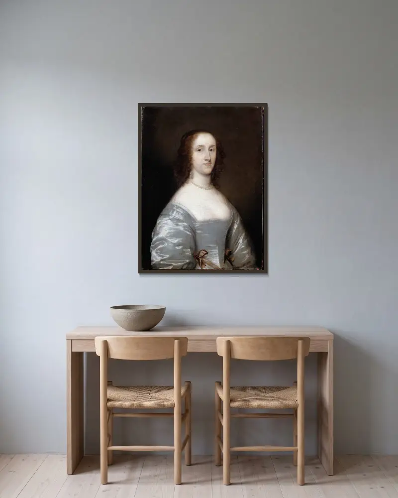 Portrait of a Lady in White av Cornelis Jonson van Ceulen inramad på en vägg