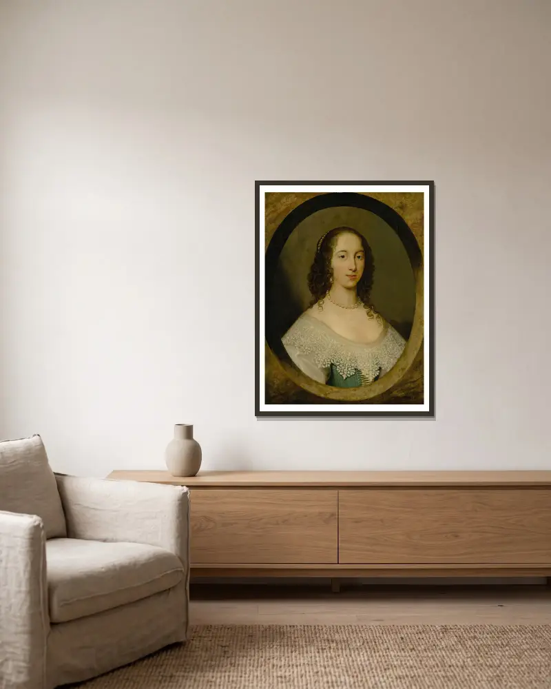 Bildnis einer Dame, 1632 von Cornelis Jonson van Ceulen gerahmt an einer Wand