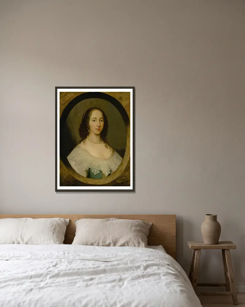 Bildnis einer Dame, 1632 von Cornelis Jonson van Ceulen gerahmt an einer Wand