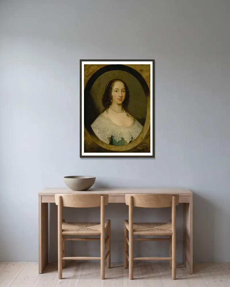Bildnis einer Dame, 1632 von Cornelis Jonson van Ceulen gerahmt an einer Wand