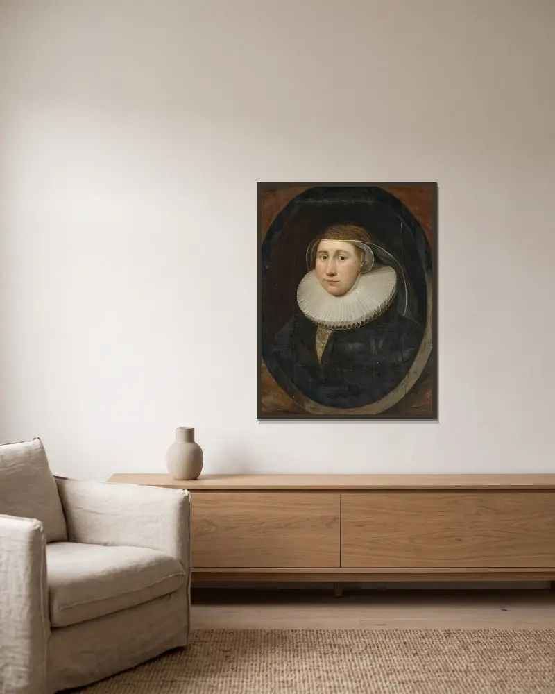 Portrait of a lady, traditionally identified as Cornelia Huysmans av Cornelis Jonson van Ceulen inramad på en vägg
