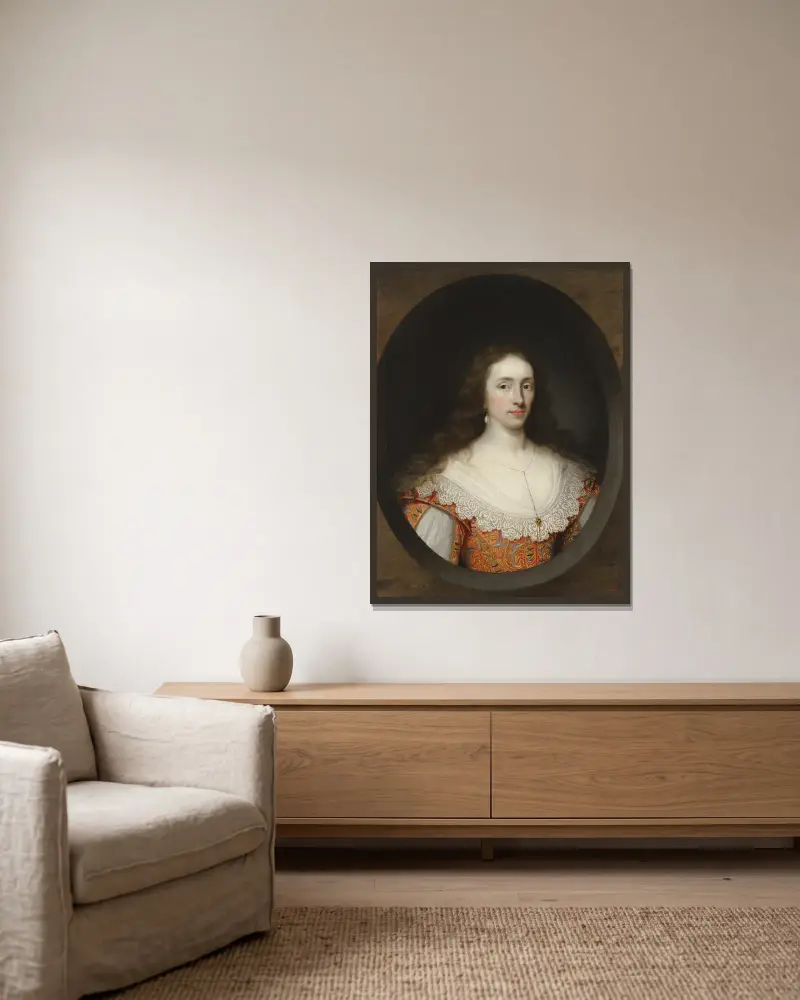 Portrait of a lady, traditionally identified as Mary Chetwynd (d.1637) av Cornelis Jonson van Ceulen inramad på en vägg