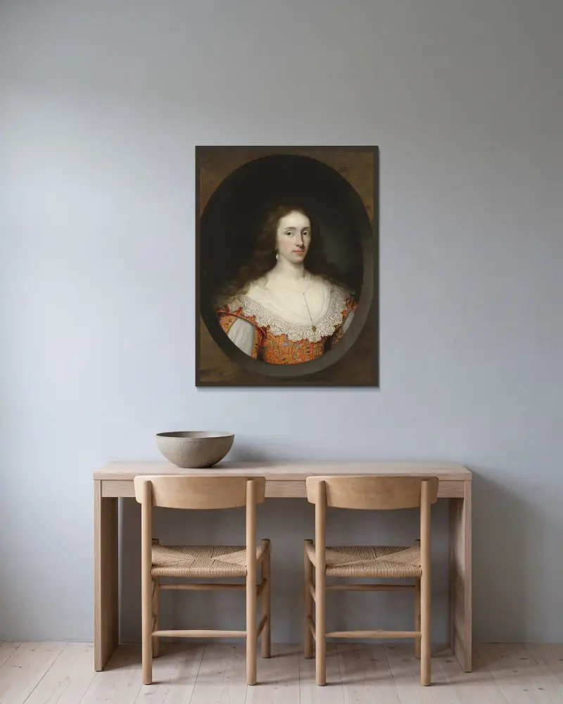 Portrait of a lady, traditionally identified as Mary Chetwynd (d.1637) av Cornelis Jonson van Ceulen inramad på en vägg