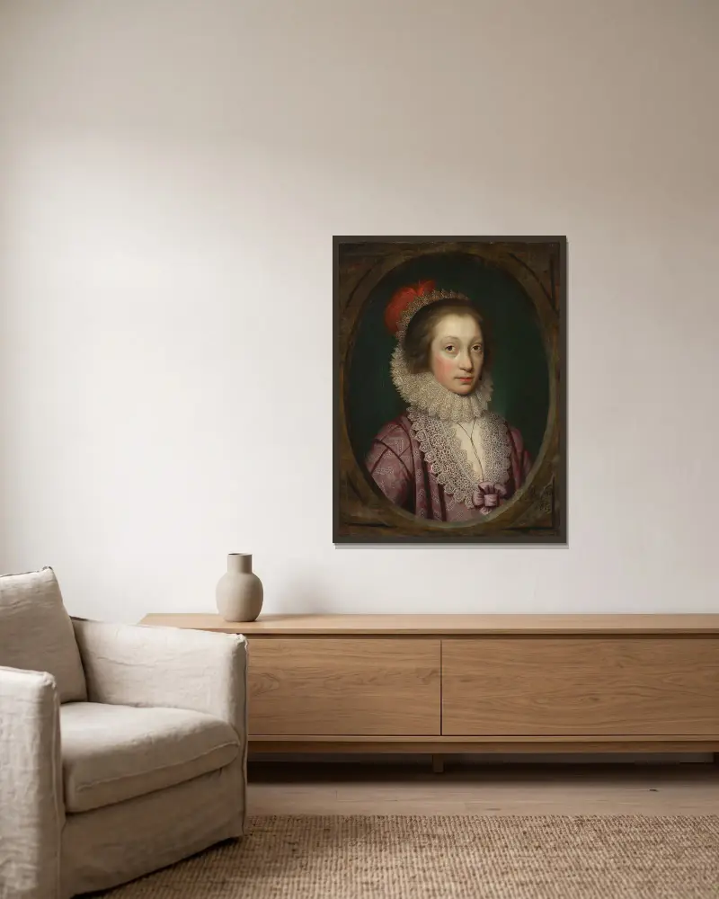 Portrait of a Woman, possibly Elizabeth Boothby av Cornelis Jonson van Ceulen inramad på en vägg