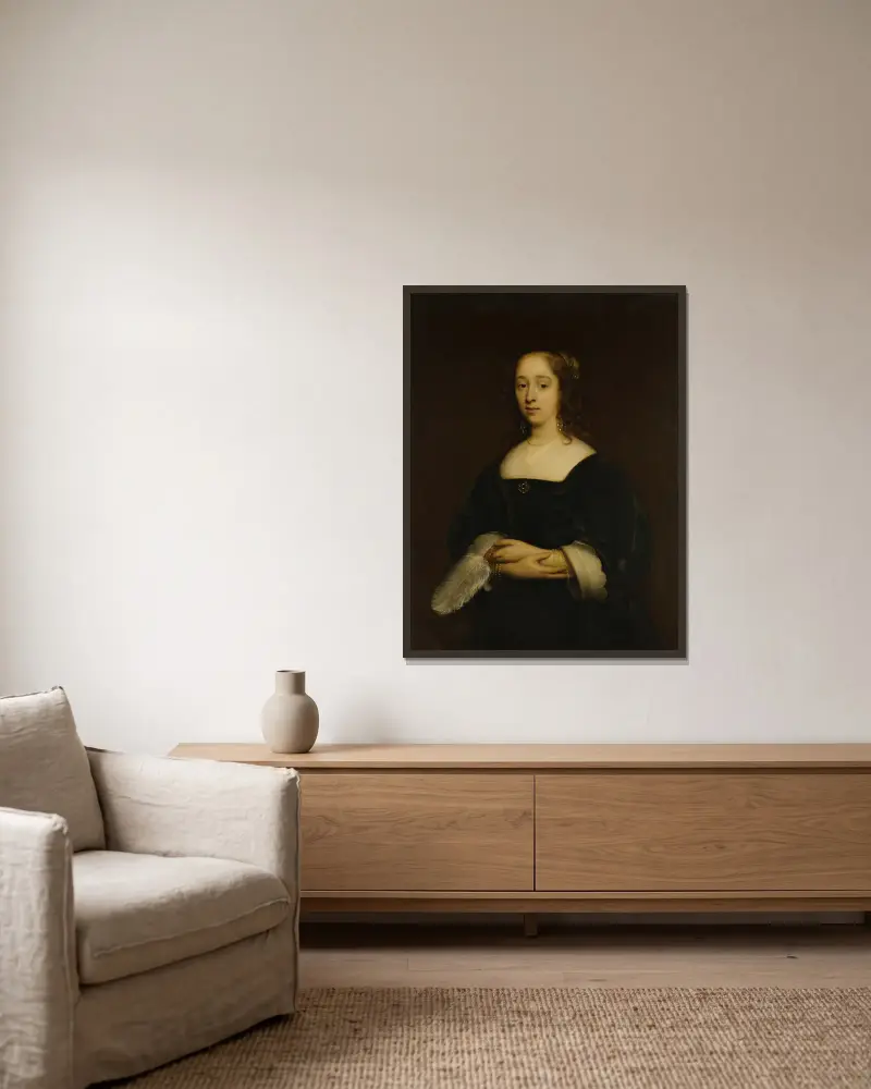 Portrait of a Woman, 1648 av Cornelis Jonson van Ceulen inramad på en vägg