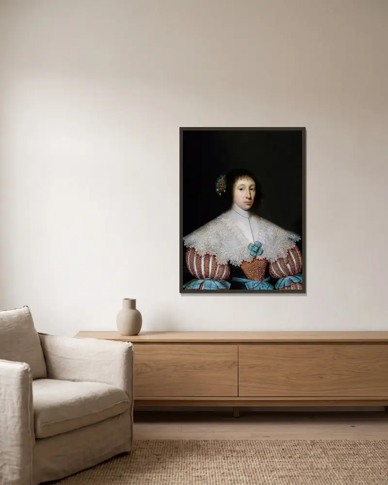 Portrait of Eleanor or Mary Campion av Cornelis Jonson van Ceulen inramad på en vägg