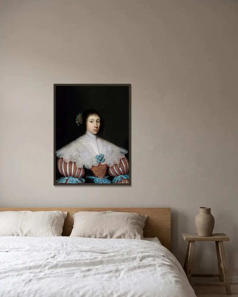 Portrait of Eleanor or Mary Campion av Cornelis Jonson van Ceulen inramad på en vägg