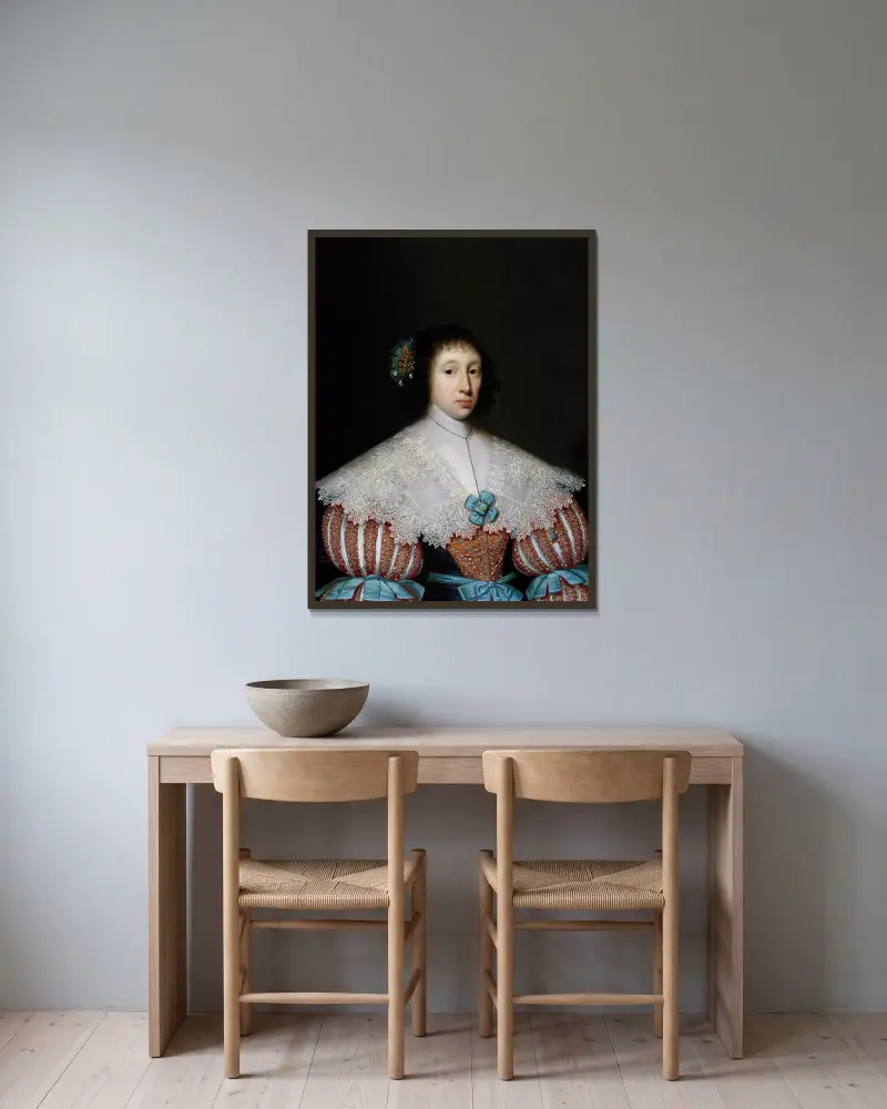 Portrait of Eleanor or Mary Campion av Cornelis Jonson van Ceulen inramad på en vägg