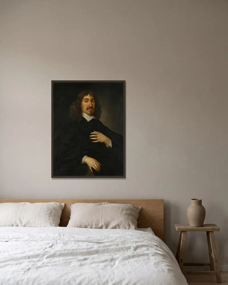 Porträtt av John Hamilton, 1:e lord Bargany (d. 1658) av Cornelis Jonson van Ceulen inramad på en vägg