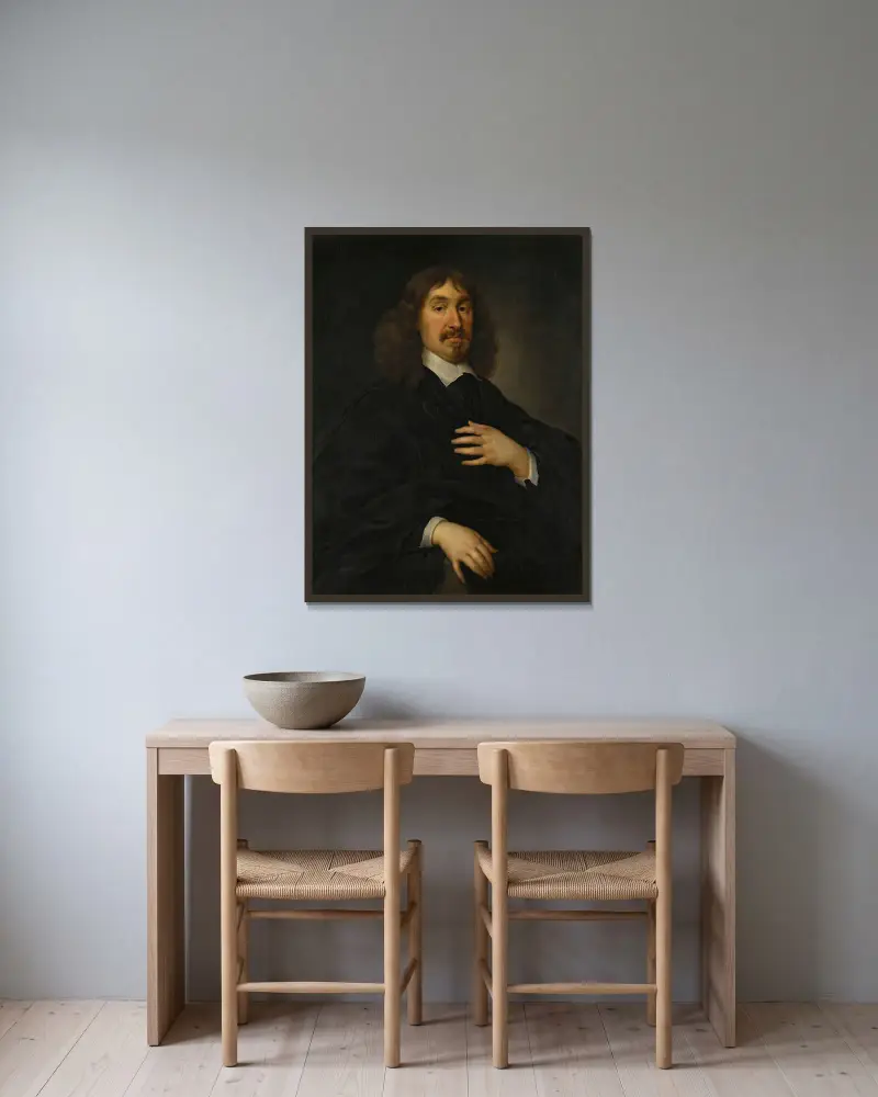 Porträtt av John Hamilton, 1:e lord Bargany (d. 1658) av Cornelis Jonson van Ceulen inramad på en vägg