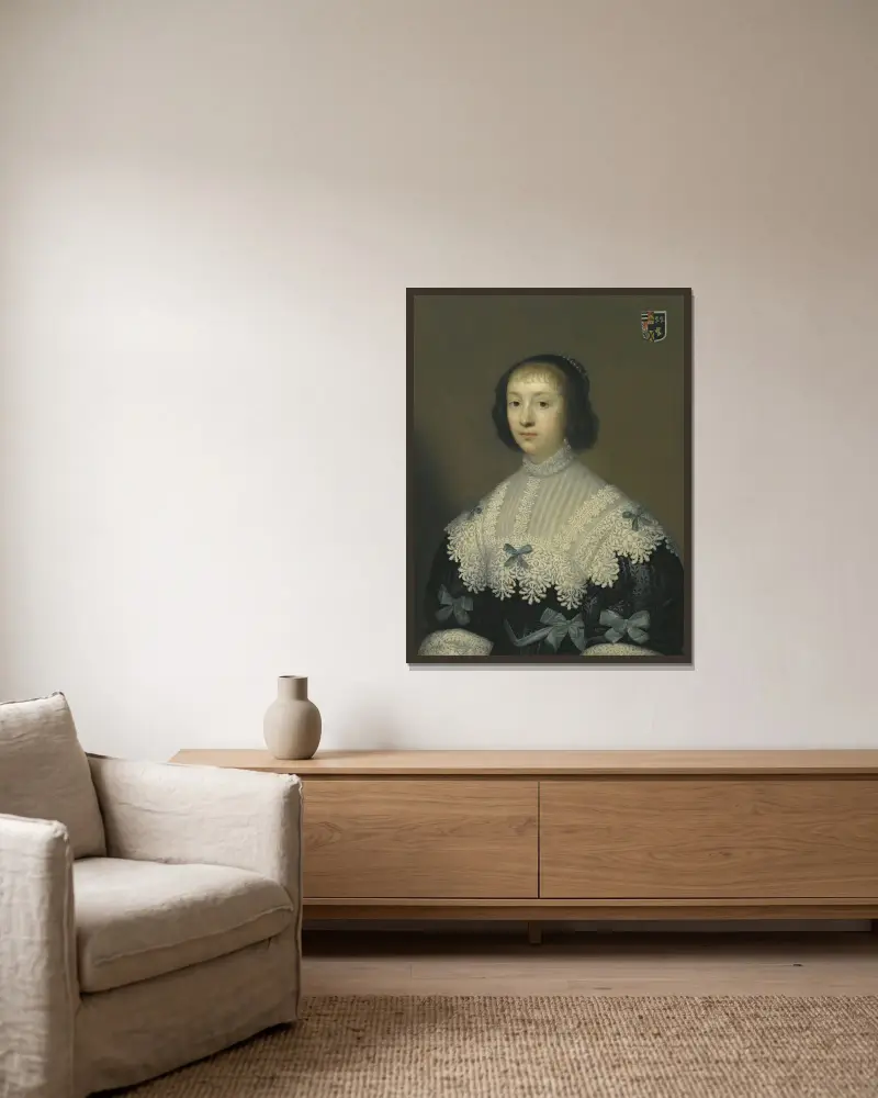 Portrait Of Margaret, Lady Hungerford av Cornelis Jonson van Ceulen inramad på en vägg