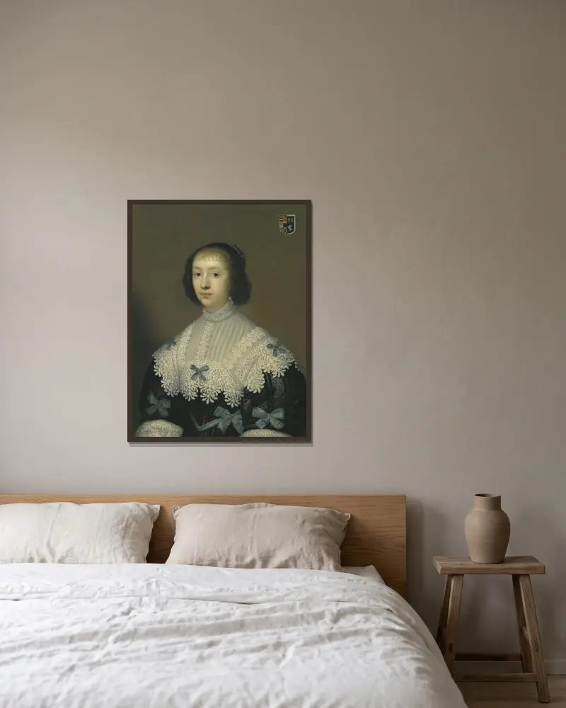 Portrait Of Margaret, Lady Hungerford av Cornelis Jonson van Ceulen inramad på en vägg