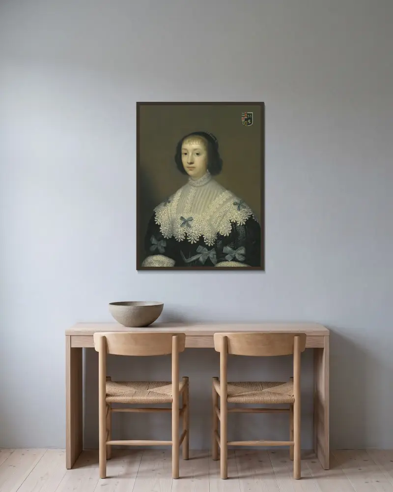 Portrait Of Margaret, Lady Hungerford av Cornelis Jonson van Ceulen inramad på en vägg