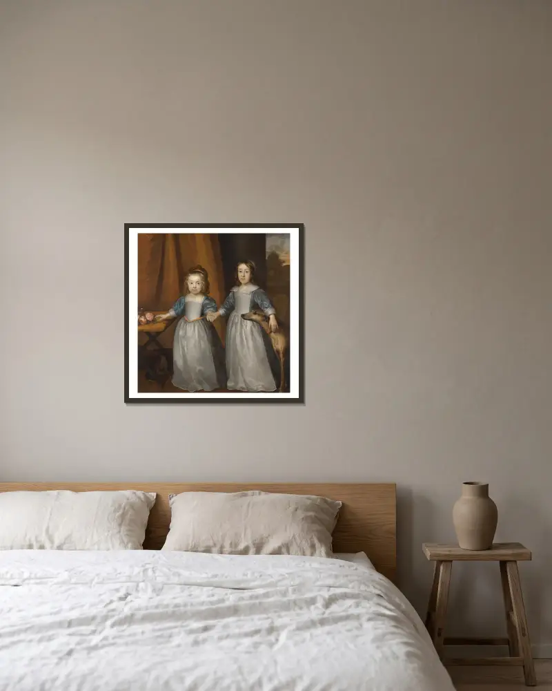 Porträtt av två unga flickor på en terrass med två hundar, landskap i bakgrunden av Cornelis Jonson van Ceulen inramad på en vägg