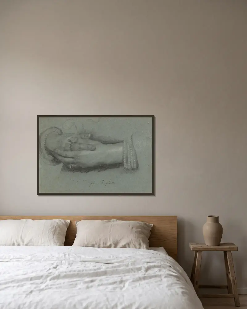 Studie der Hände einer Frau von Cornelis Jonson van Ceulen gerahmt an einer Wand