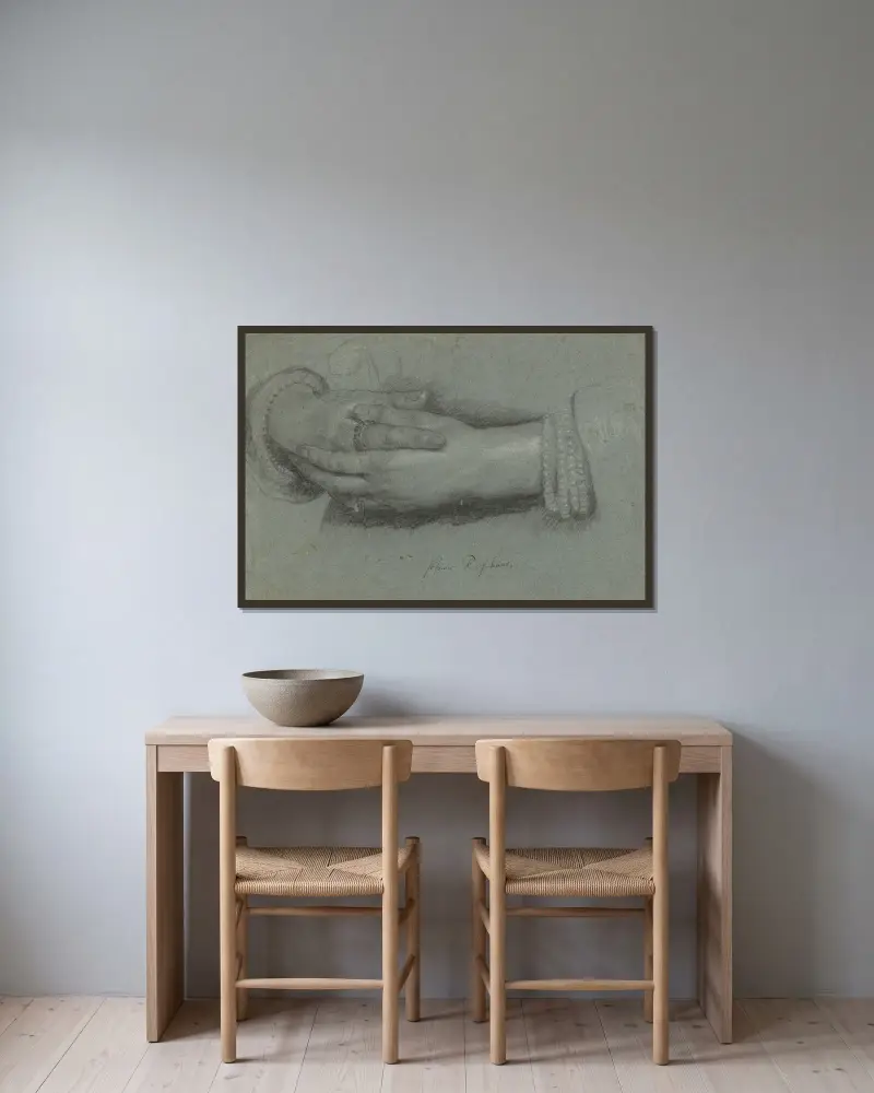 Studie der Hände einer Frau von Cornelis Jonson van Ceulen gerahmt an einer Wand