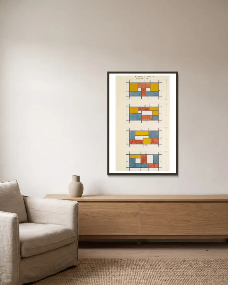 Entwurf für ein Glasgemälde von Theo van Doesburg gerahmt an einer Wand