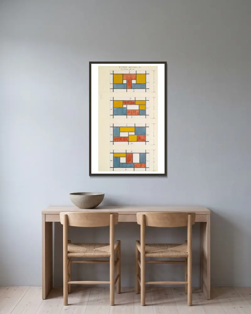 Entwurf für ein Glasgemälde von Theo van Doesburg gerahmt an einer Wand