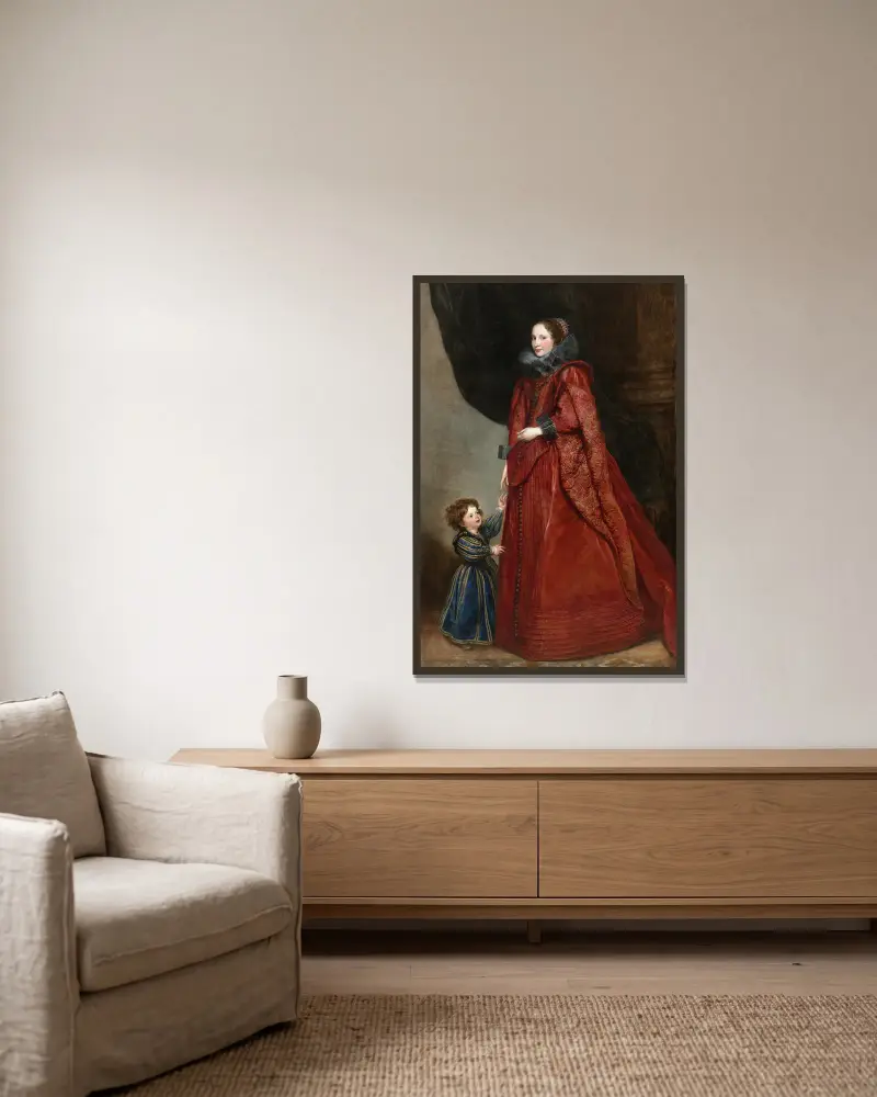 A Genoese Lady with Her Child av Anthony van Dyck inramad på en vägg